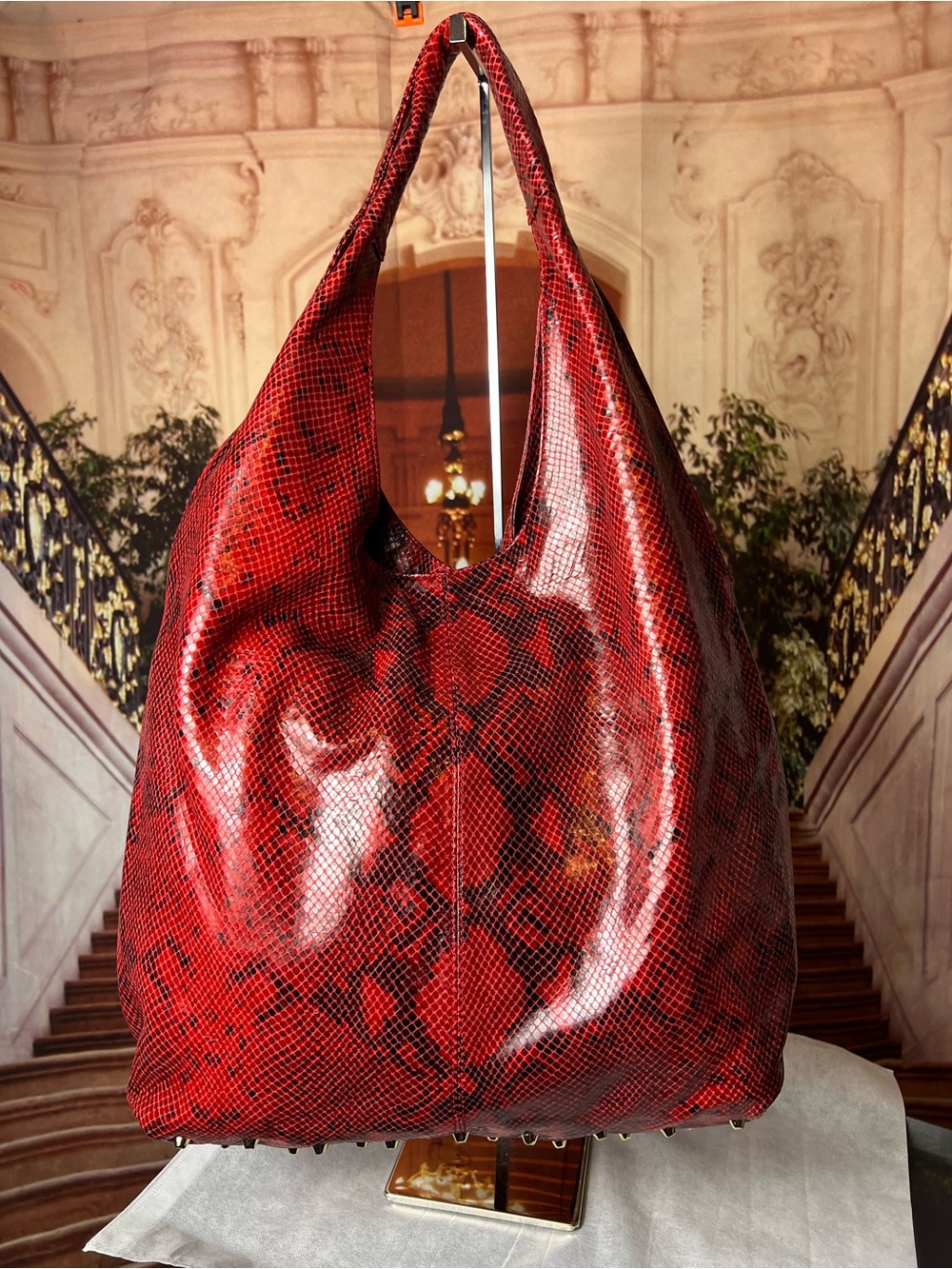 Worth New York Red Studded Snake Print Genuine Leather Shoulder Bag 🔥 Hobo